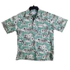 Vtg 80s Malihini Hawaii Shirt Men M Green Beige Tribal Turtle Button SS USA Made